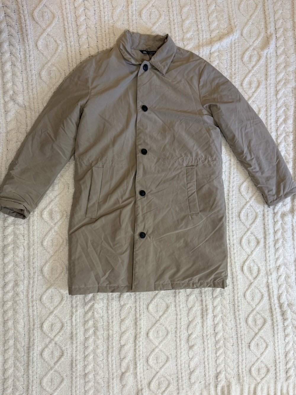 Zara Men’s Padded Trench Coat Beige Medium Zip Button Overcoat Jacket NWT - Picture 15 of 15